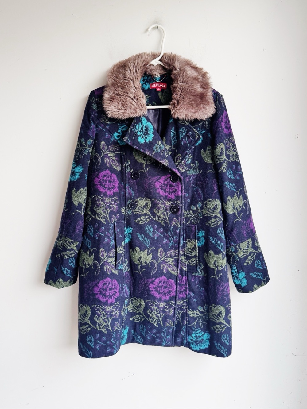 Merona Floral Tapestry Coat Faux Fur Collar Wool Blend L Whimsigoth - Picture 6 of 7